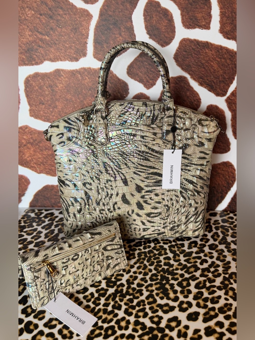 NWT BRAHMIN LARGE DUXBURY OBSESSION Animal Print With Wallet Leopard Cheetah - Picture 4 of 16